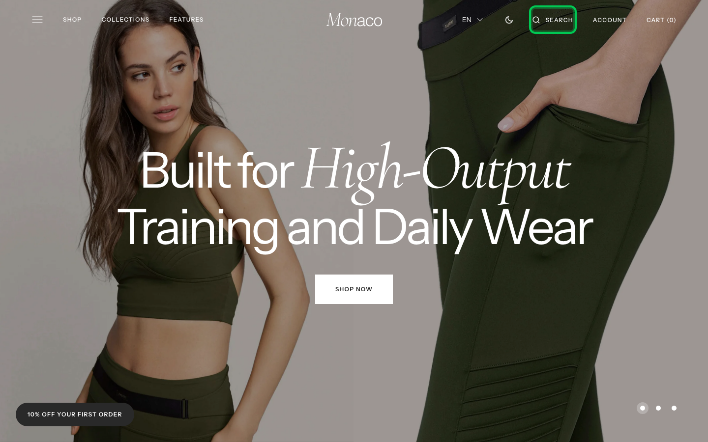 Search → panel opened — Navi+ on the Monaco Shopify theme Search → panel opened — Navi+ on the Monaco Shopify theme