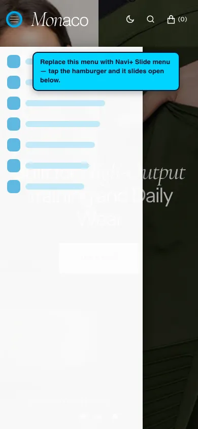 Navi+ Slide Menu on the Monaco Shopify theme Navi+ Slide Menu on the Monaco Shopify theme