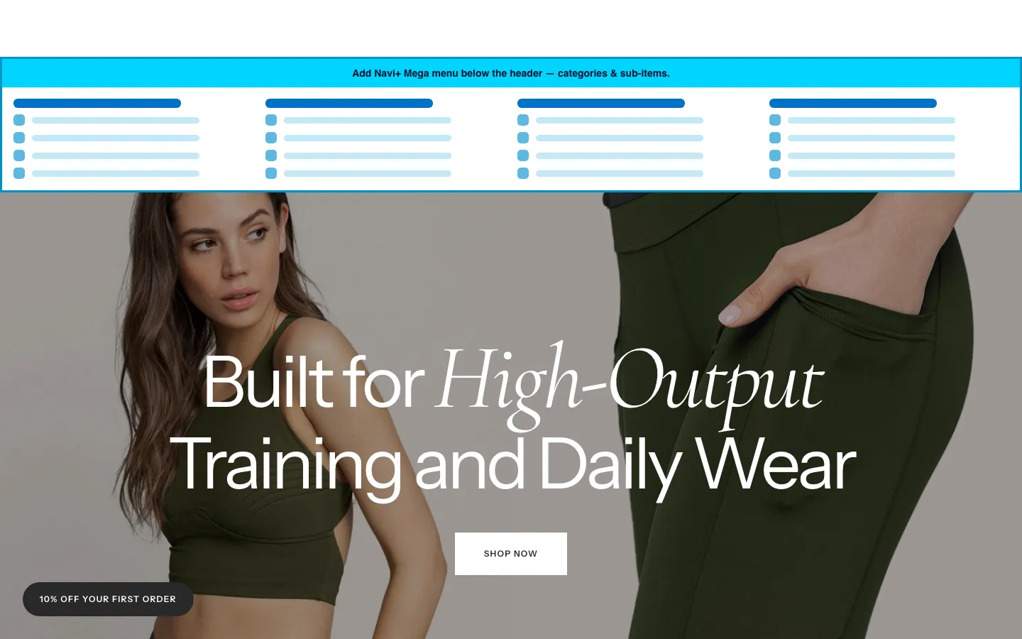 Navi+ Mega Menu inserted below the header on the Monaco Shopify theme Navi+ Mega Menu inserted below the header on the Monaco Shopify theme