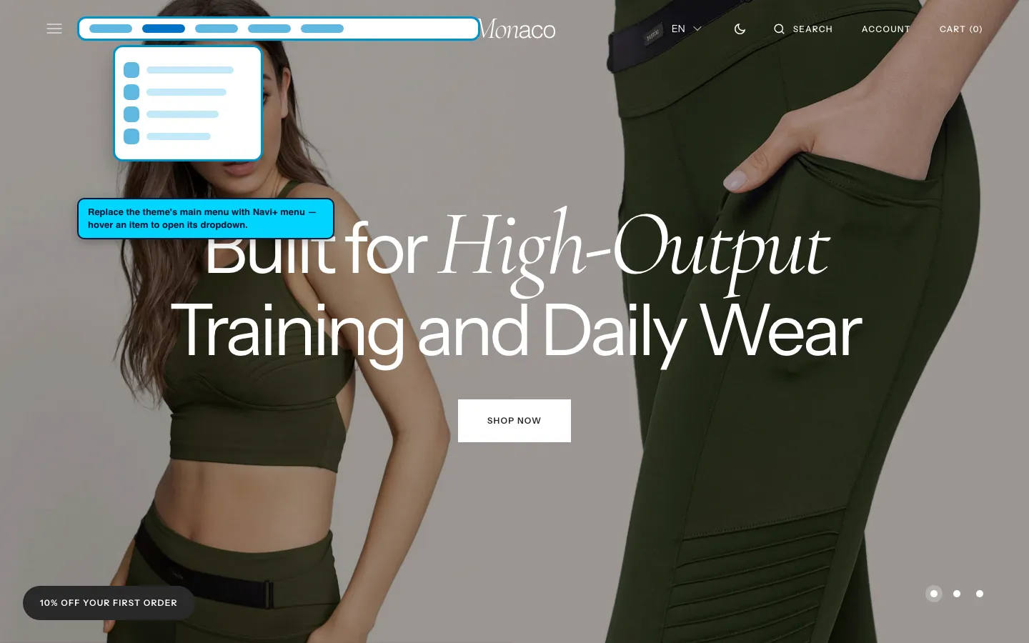Navi+ Mega Menu replacing the desktop menu on the Monaco Shopify theme Navi+ Mega Menu replacing the desktop menu on the Monaco Shopify theme