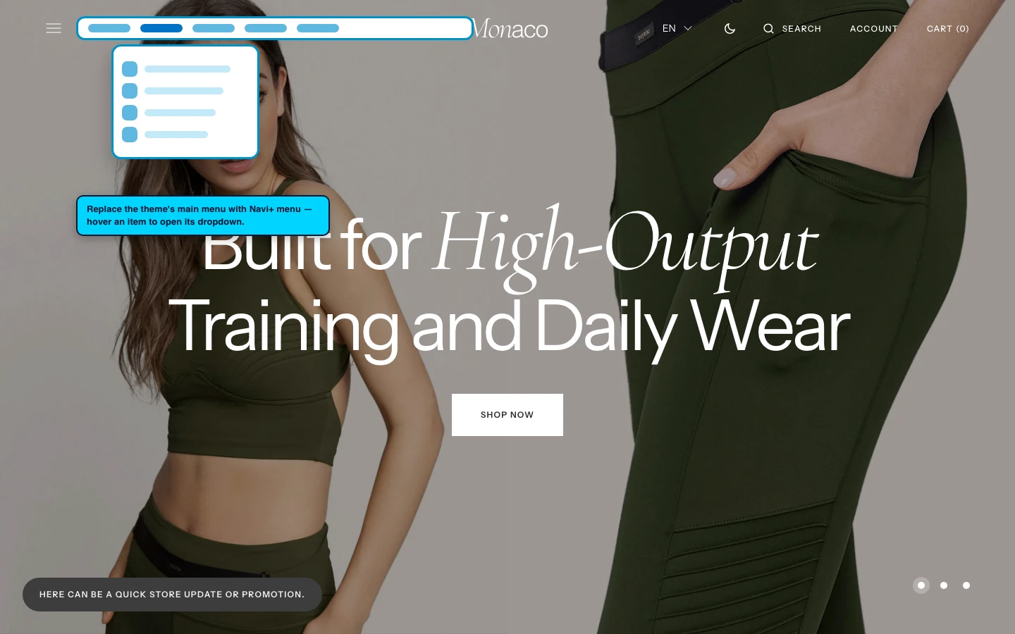 Navi+ Mega Menu replacing the desktop menu on the Monaco Shopify theme Navi+ Mega Menu replacing the desktop menu on the Monaco Shopify theme