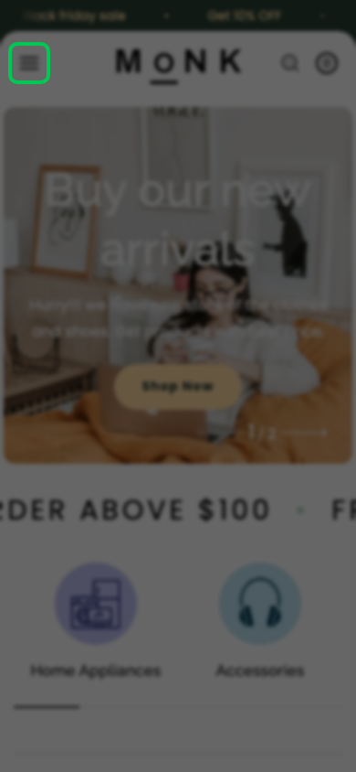 Hamburger → panel opened — Navi+ on the Monk Shopify theme