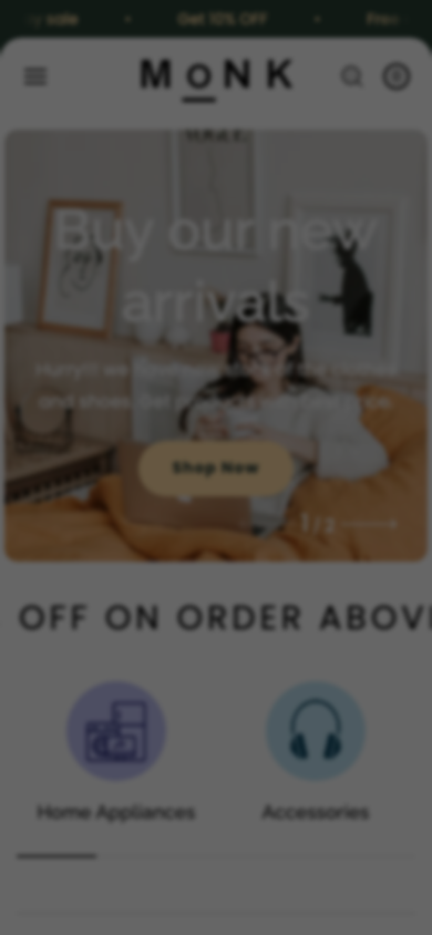 Hamburger → panel opened — Navi+ on the Monk Shopify theme
