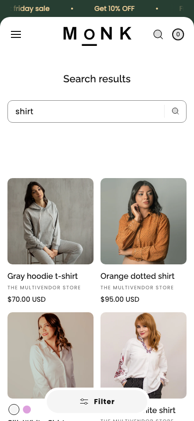 Search → panel opened — Navi+ on the Monk Shopify theme