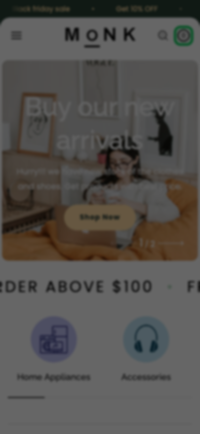 Cart → panel opened — Navi+ on the Monk Shopify theme