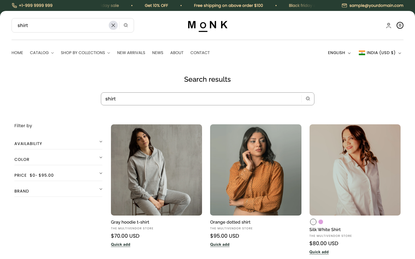 Search → panel opened — Navi+ on the Monk Shopify theme