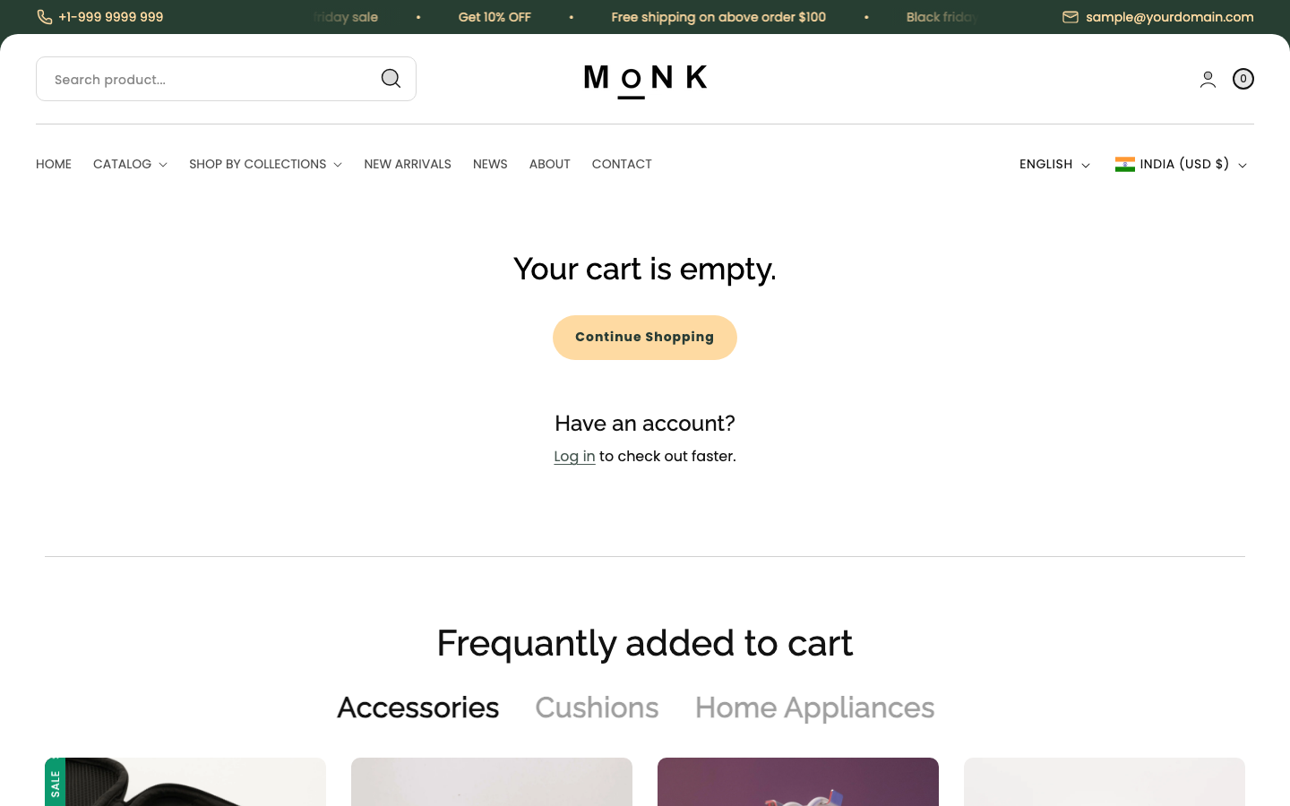 Cart → panel opened — Navi+ on the Monk Shopify theme