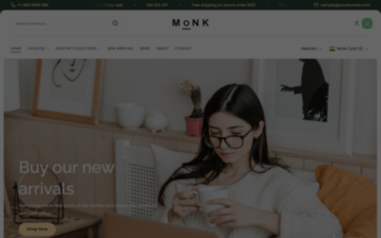 Cart → panel opened — Navi+ on the Monk Shopify theme