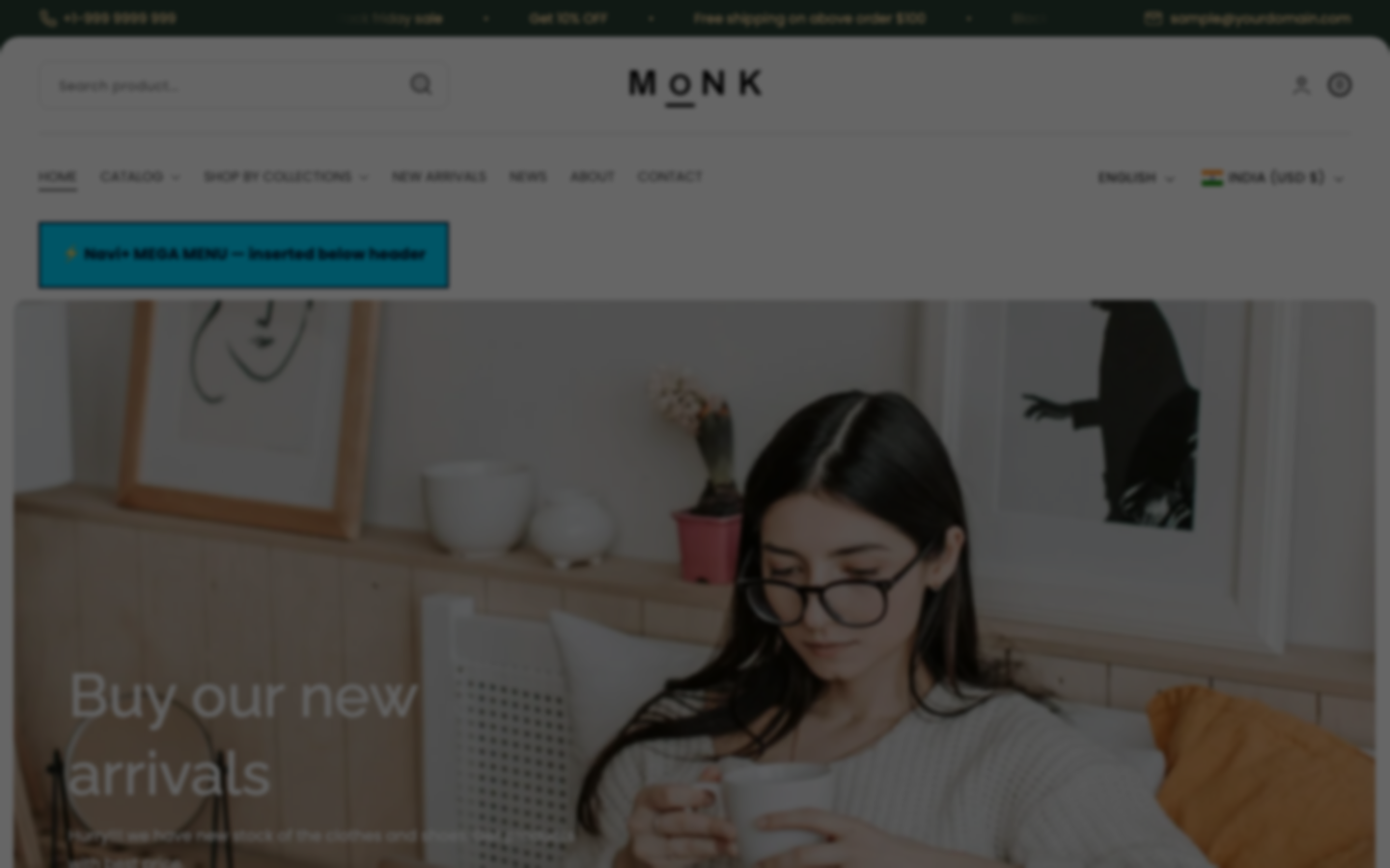 Menu inserted below header — Navi+ on the Monk Shopify theme