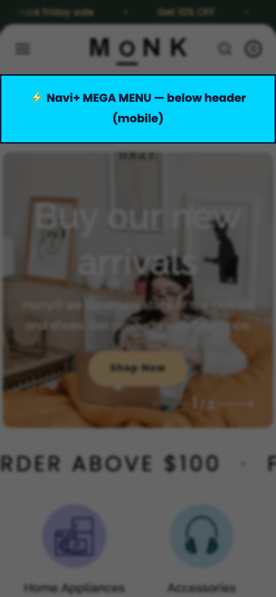 Menu inserted below header — Navi+ on the Monk Shopify theme