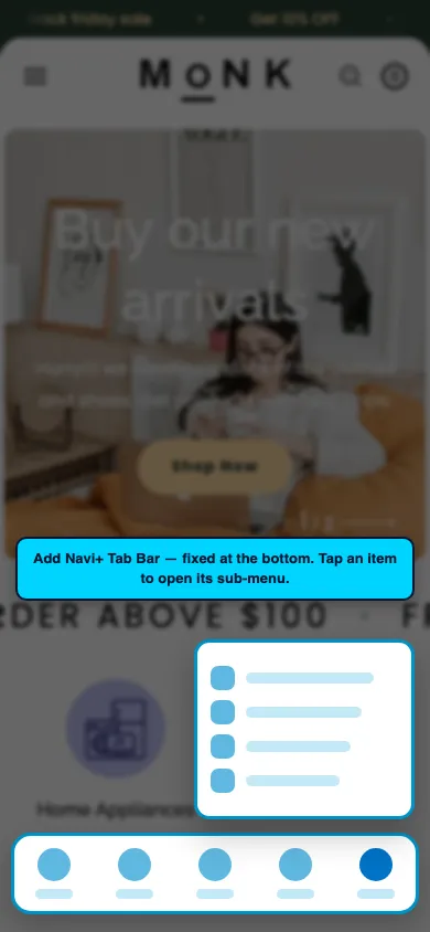 Navi+ Tab Bar on the Monk Shopify theme Navi+ Tab Bar on the Monk Shopify theme