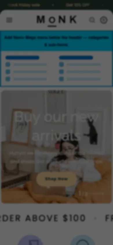 Navi+ mobile Mega Menu on the Monk Shopify theme Navi+ mobile Mega Menu on the Monk Shopify theme