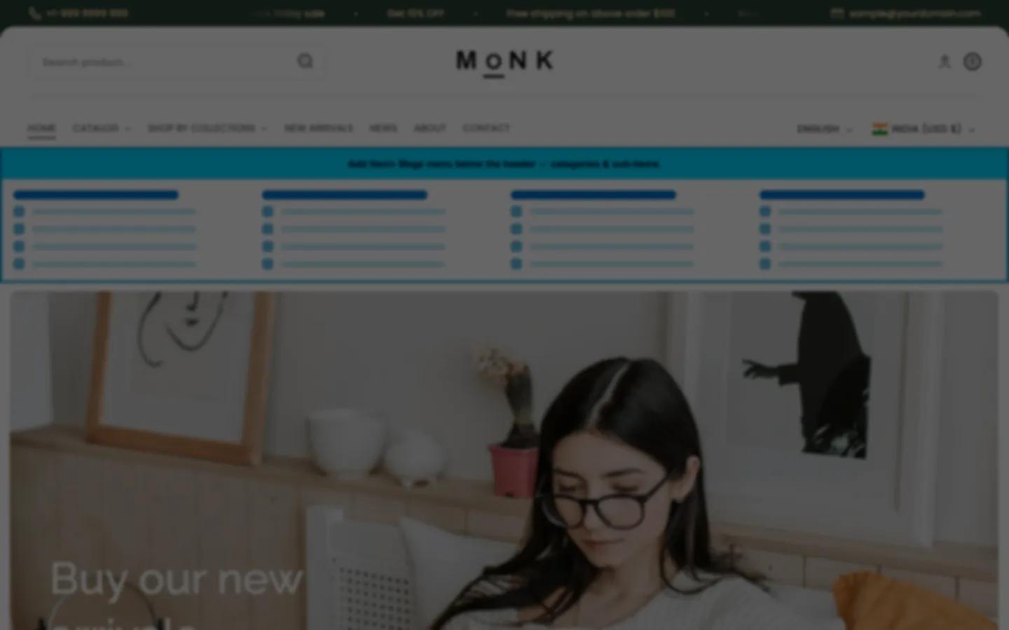 Navi+ Mega Menu inserted below the header on the Monk Shopify theme Navi+ Mega Menu inserted below the header on the Monk Shopify theme