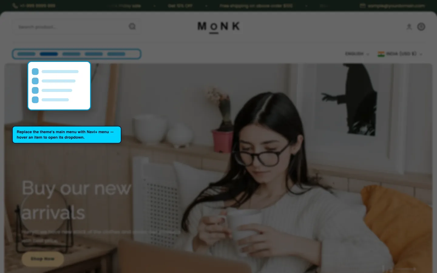 Navi+ Mega Menu replacing the desktop menu on the Monk Shopify theme Navi+ Mega Menu replacing the desktop menu on the Monk Shopify theme
