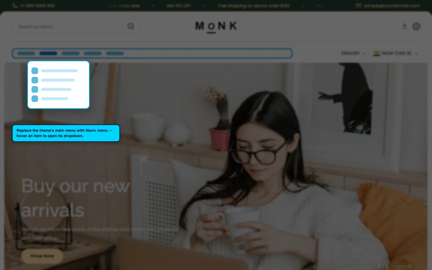 Navi+ Mega Menu replacing the desktop menu on the Monk Shopify theme Navi+ Mega Menu replacing the desktop menu on the Monk Shopify theme