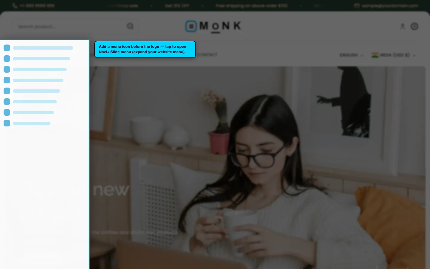 Navi+ trigger icon before the logo on the Monk Shopify theme Navi+ trigger icon before the logo on the Monk Shopify theme
