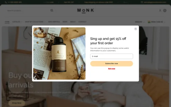 Full-page desktop screenshot of Shopify Monk theme demo store