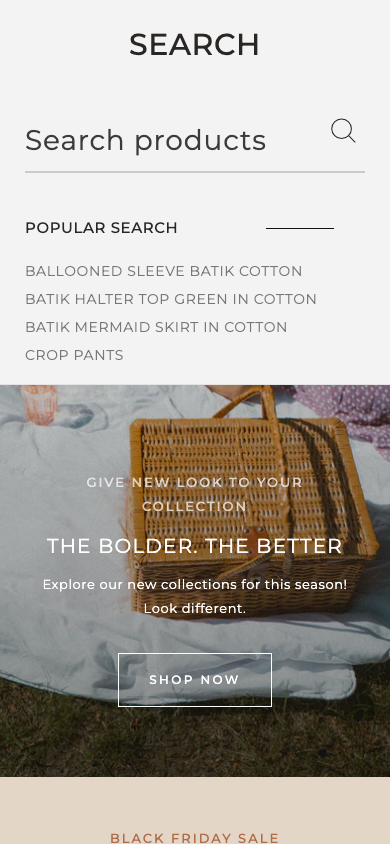 Search → panel opened — Navi+ on the Mono Shopify theme Search → panel opened — Navi+ on the Mono Shopify theme