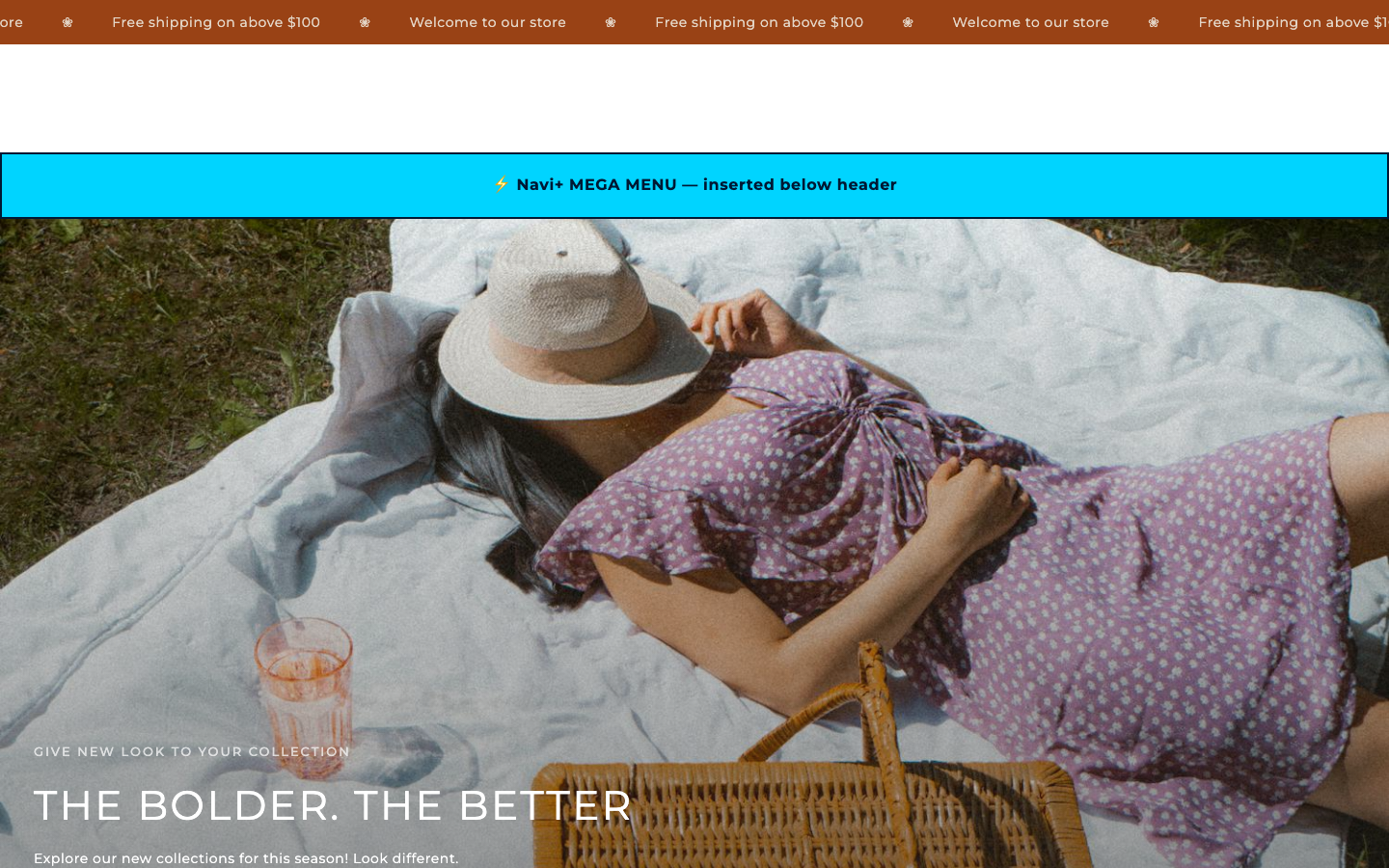 Menu inserted below header — Navi+ on the Mono Shopify theme Menu inserted below header — Navi+ on the Mono Shopify theme