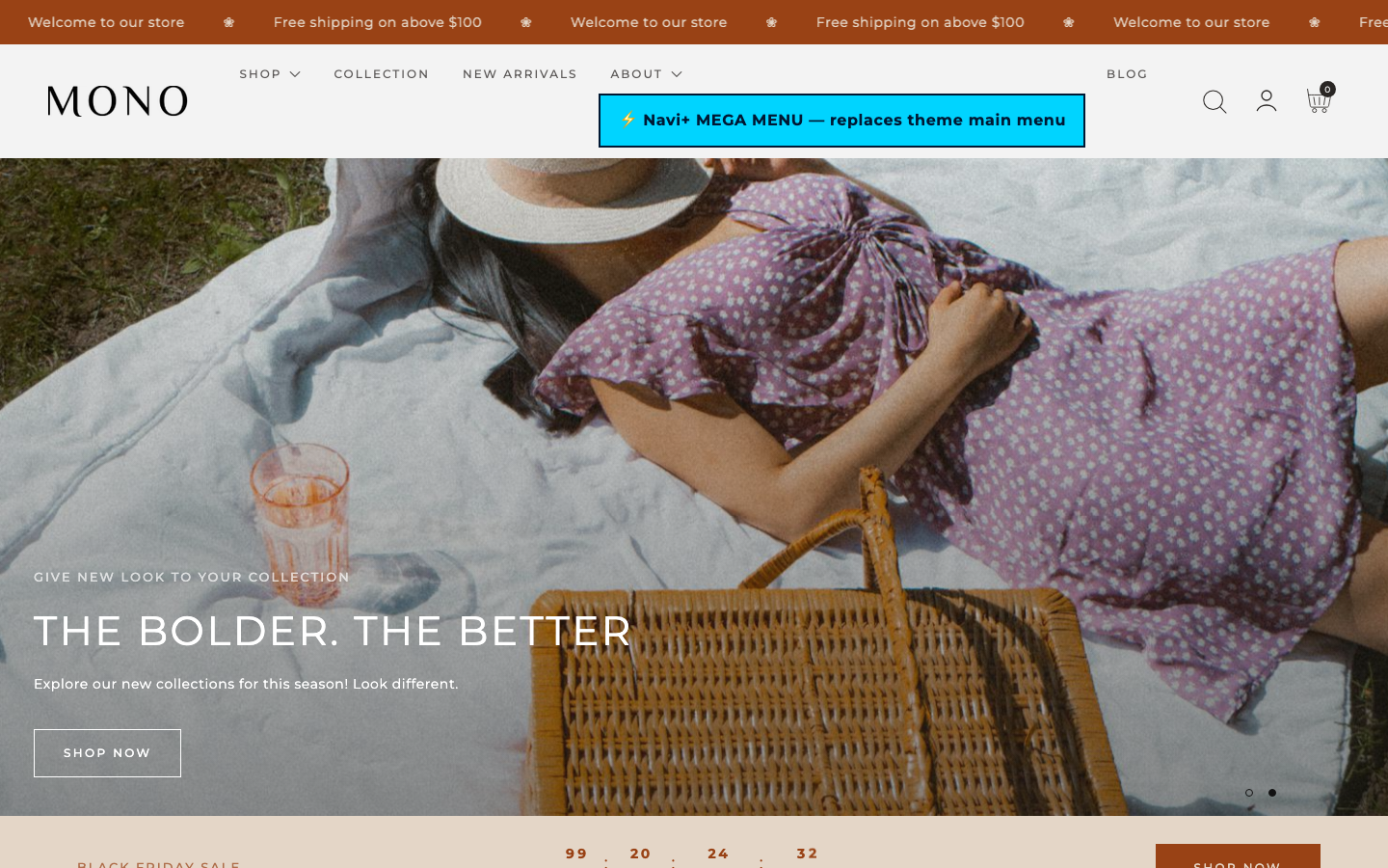 Replace main menu — Navi+ on the Mono Shopify theme Replace main menu — Navi+ on the Mono Shopify theme