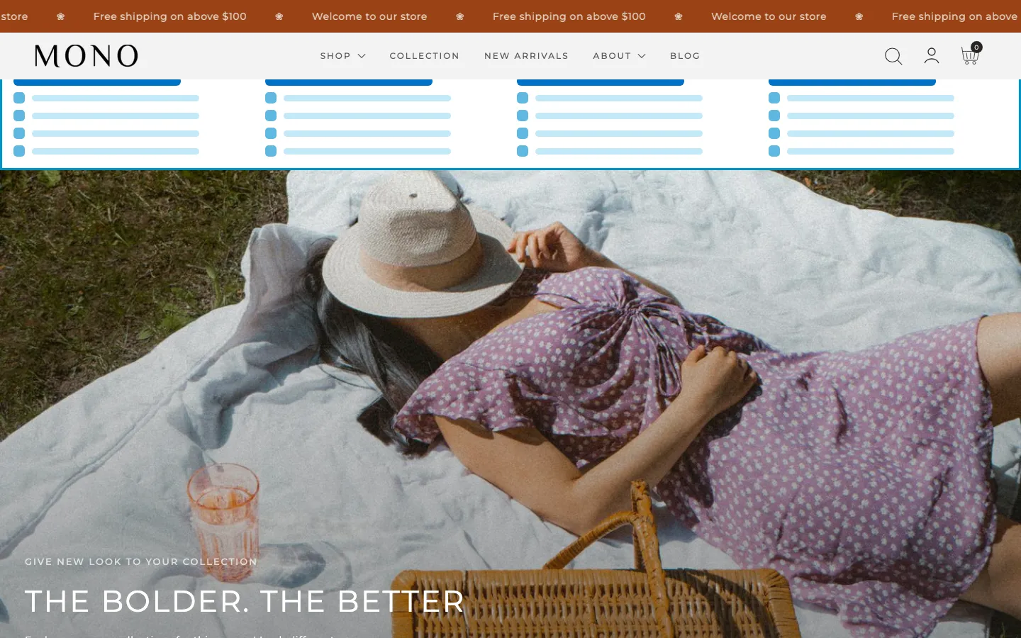Navi+ Mega Menu inserted below the header on the Mono Shopify theme Navi+ Mega Menu inserted below the header on the Mono Shopify theme