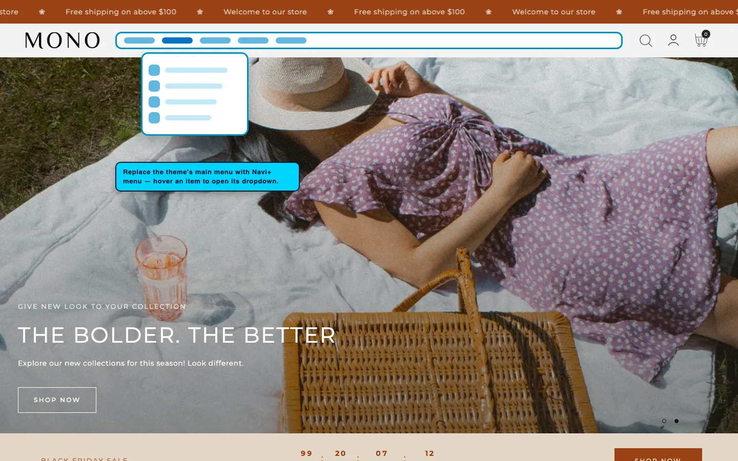Navi+ Mega Menu replacing the desktop menu on the Mono Shopify theme