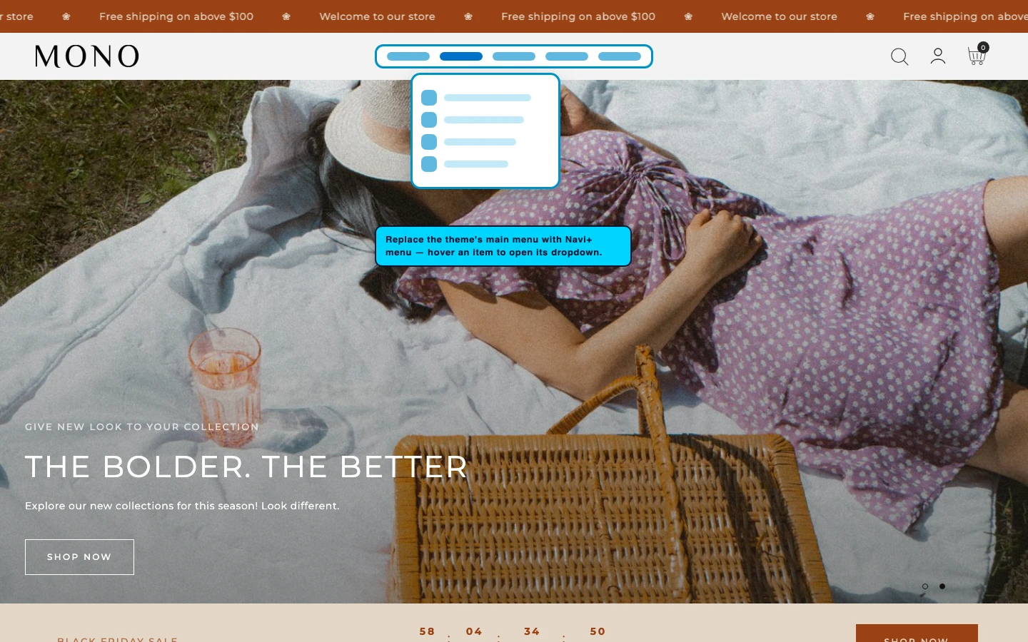 Navi+ Mega Menu replacing the desktop menu on the Mono Shopify theme Navi+ Mega Menu replacing the desktop menu on the Mono Shopify theme
