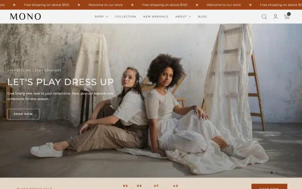 Full-page desktop screenshot of Shopify Mono theme demo store