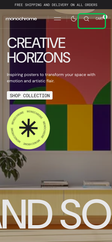 Hamburger → panel opened — Navi+ on the Monochrome Shopify theme Hamburger → panel opened — Navi+ on the Monochrome Shopify theme