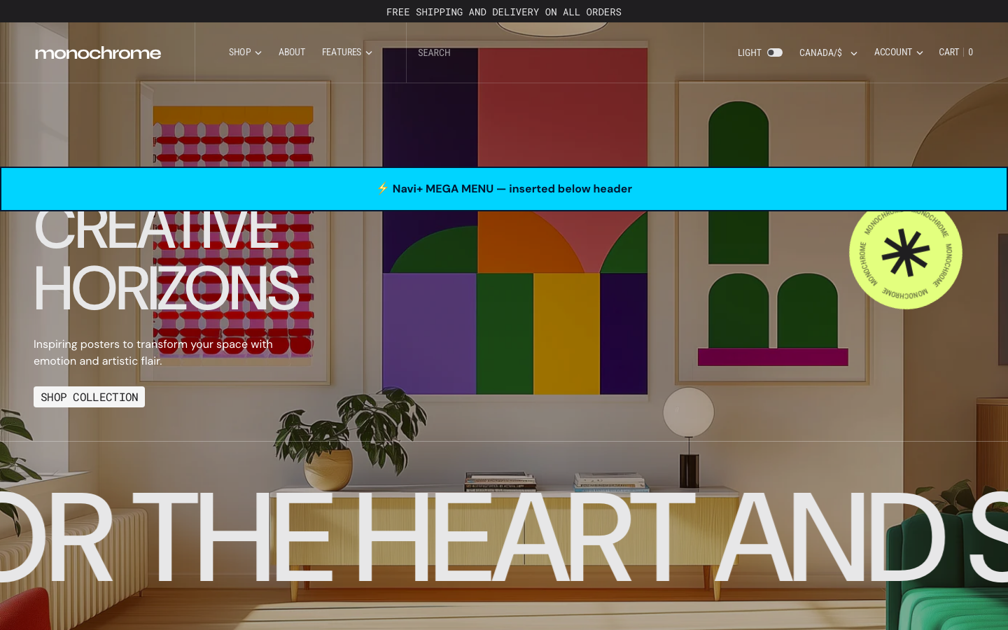 Menu inserted below header — Navi+ on the Monochrome Shopify theme Menu inserted below header — Navi+ on the Monochrome Shopify theme