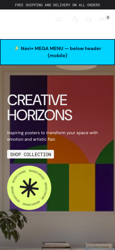 Menu inserted below header — Navi+ on the Monochrome Shopify theme Menu inserted below header — Navi+ on the Monochrome Shopify theme