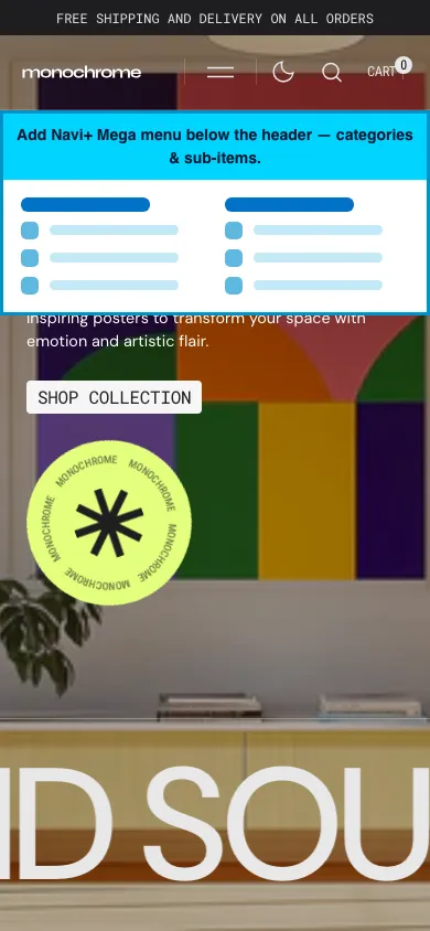 Navi+ mobile Mega Menu on the Monochrome Shopify theme Navi+ mobile Mega Menu on the Monochrome Shopify theme