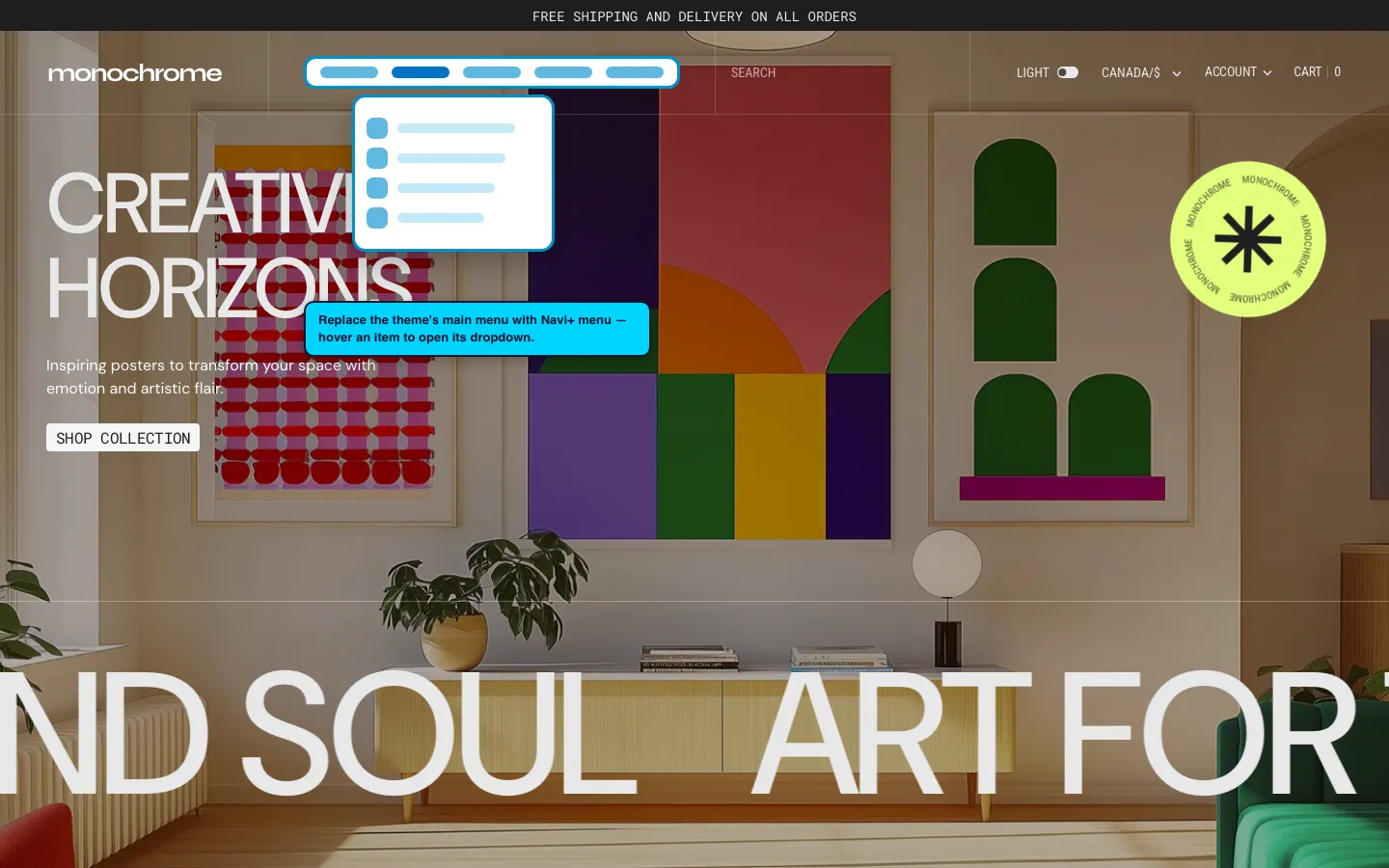 Navi+ Mega Menu replacing the desktop menu on the Monochrome Shopify theme Navi+ Mega Menu replacing the desktop menu on the Monochrome Shopify theme