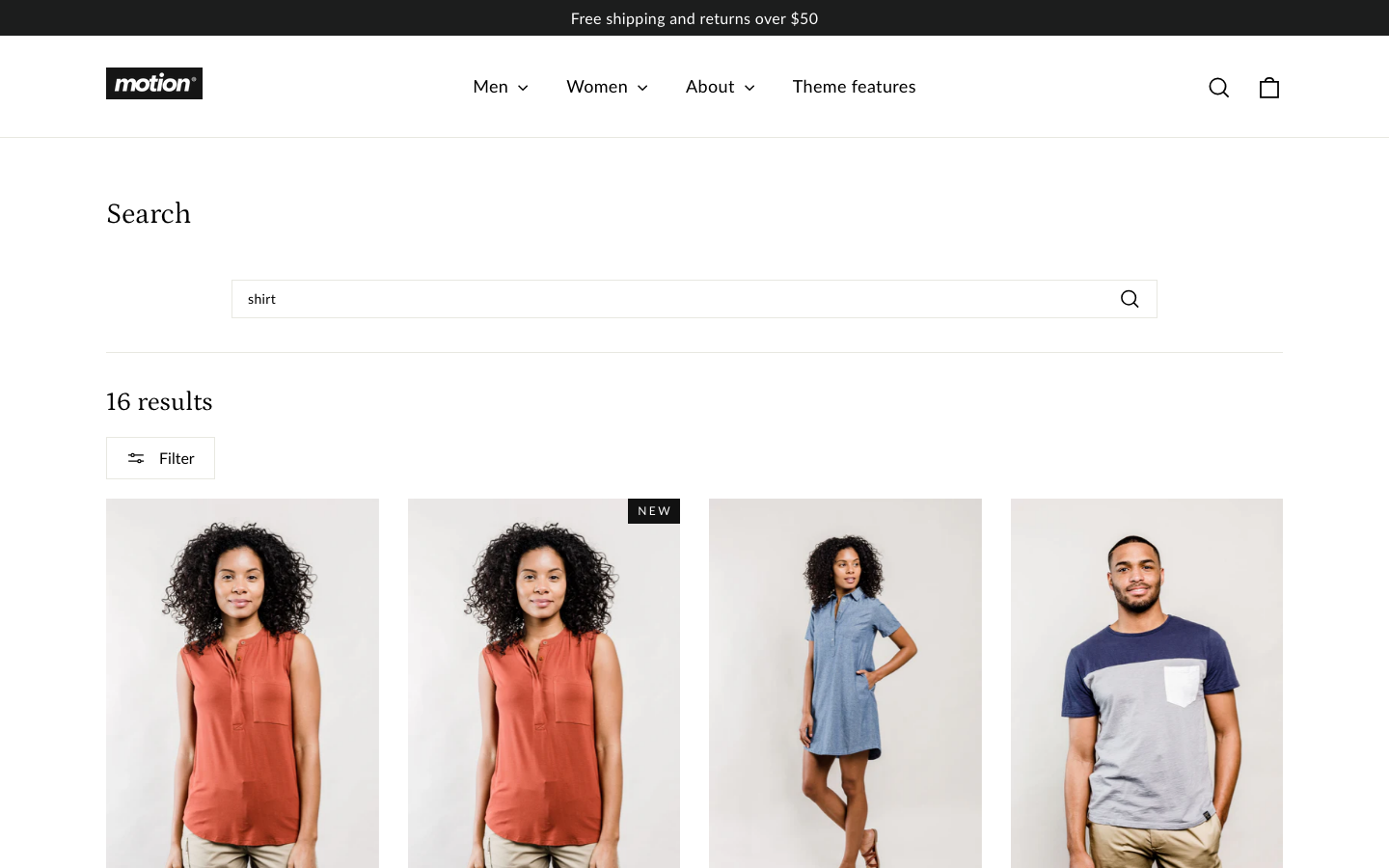 Search → panel opened — Navi+ on the Motion Shopify theme