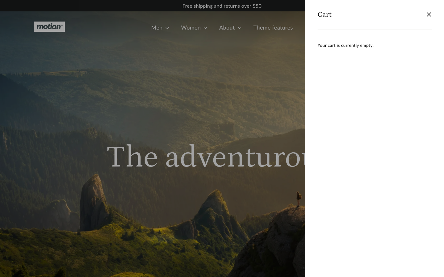 Cart → panel opened — Navi+ on the Motion Shopify theme