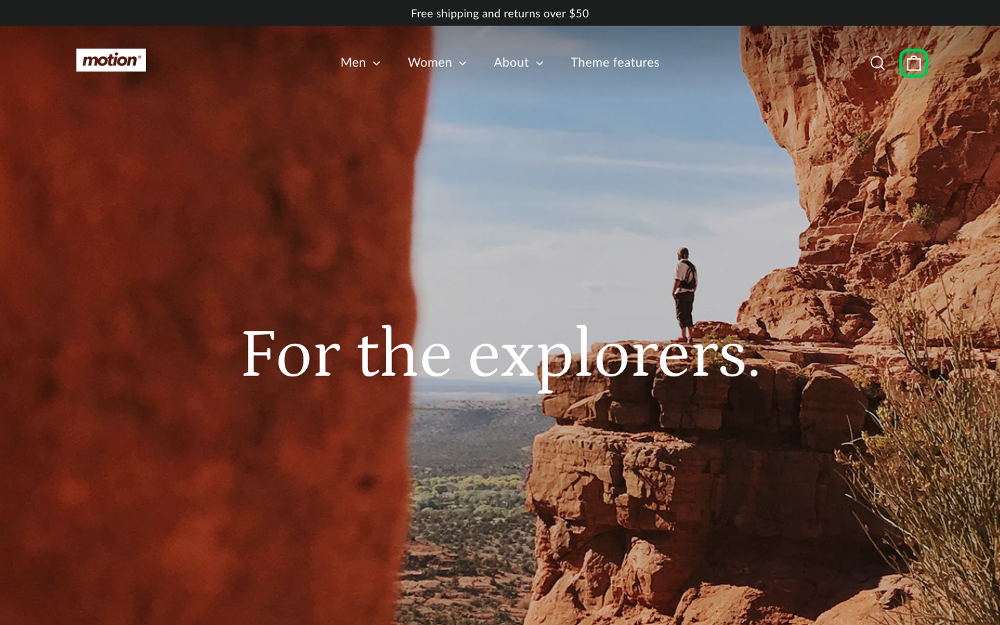 Cart → panel opened — Navi+ on the Motion Shopify theme