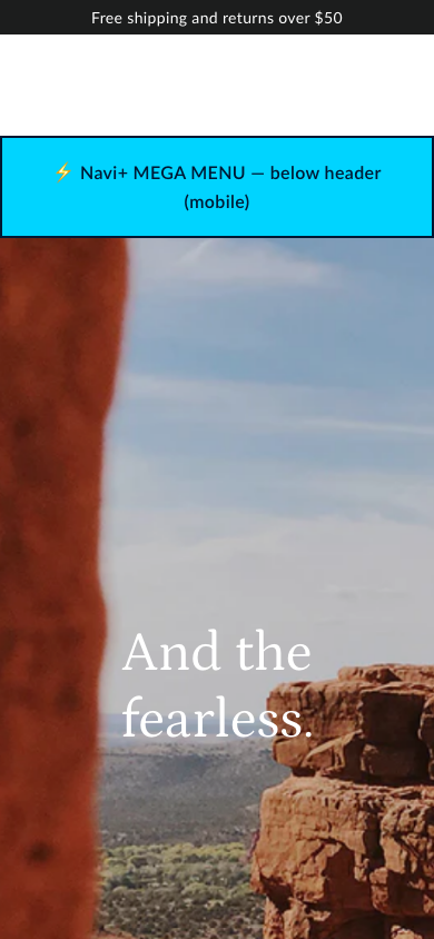 Menu inserted below header — Navi+ on the Motion Shopify theme