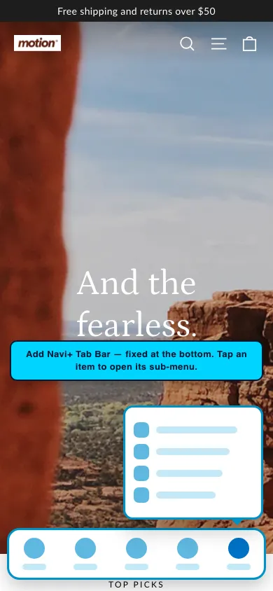Navi+ Tab Bar on the Motion Shopify theme Navi+ Tab Bar on the Motion Shopify theme