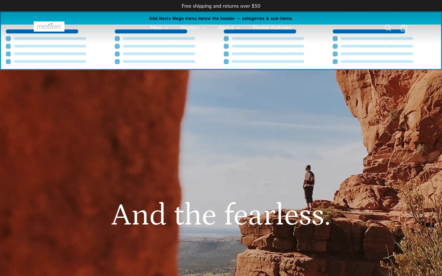 Navi+ Mega Menu inserted below the header on the Motion Shopify theme Navi+ Mega Menu inserted below the header on the Motion Shopify theme