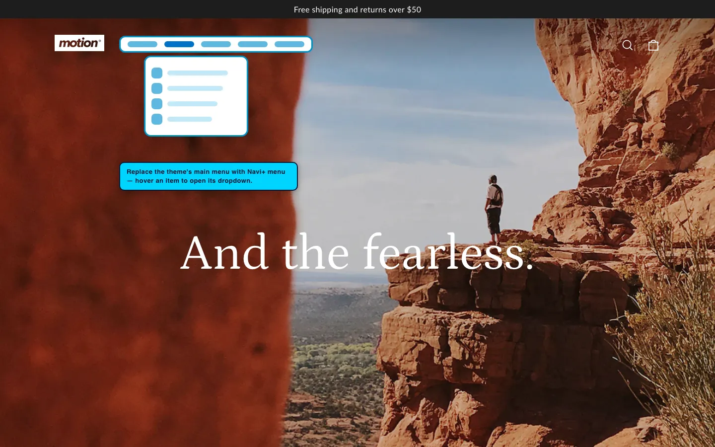 Navi+ Mega Menu replacing the desktop menu on the Motion Shopify theme