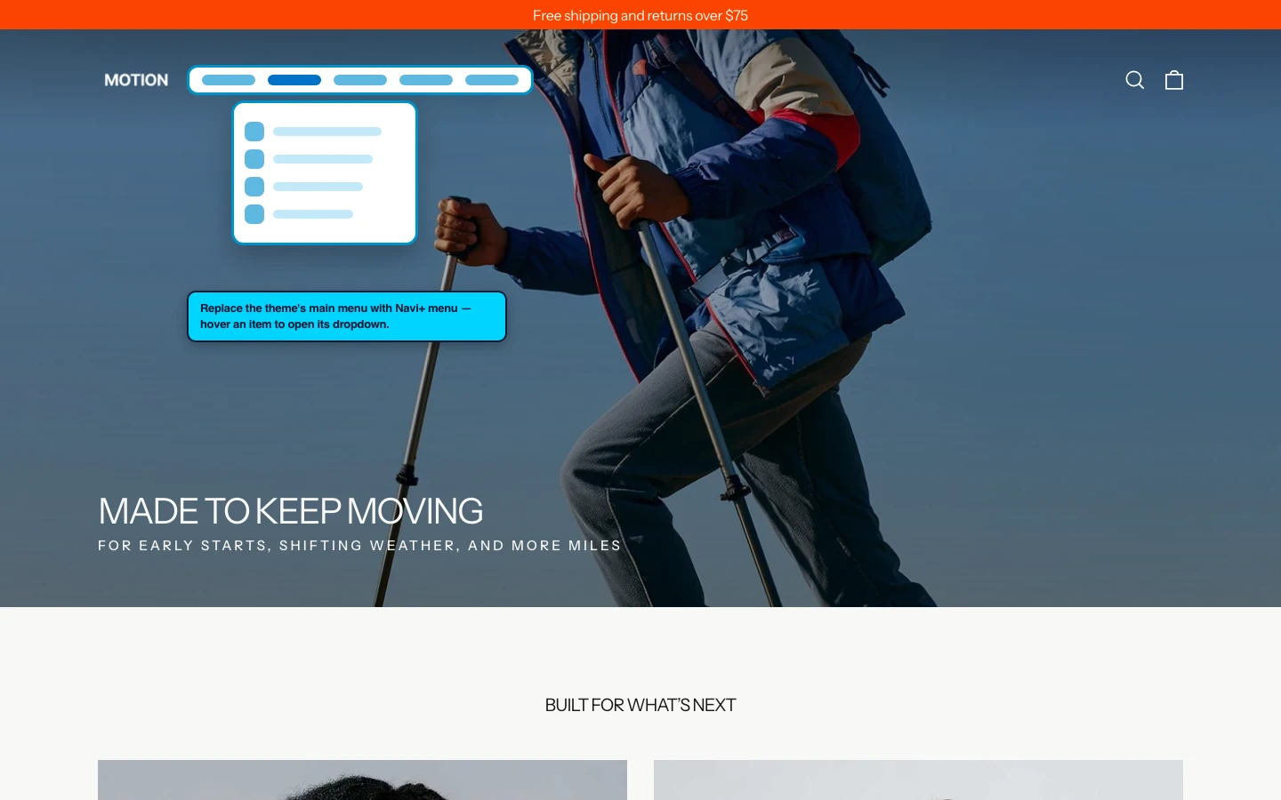 Navi+ Mega Menu replacing the desktop menu on the Motion Shopify theme Navi+ Mega Menu replacing the desktop menu on the Motion Shopify theme