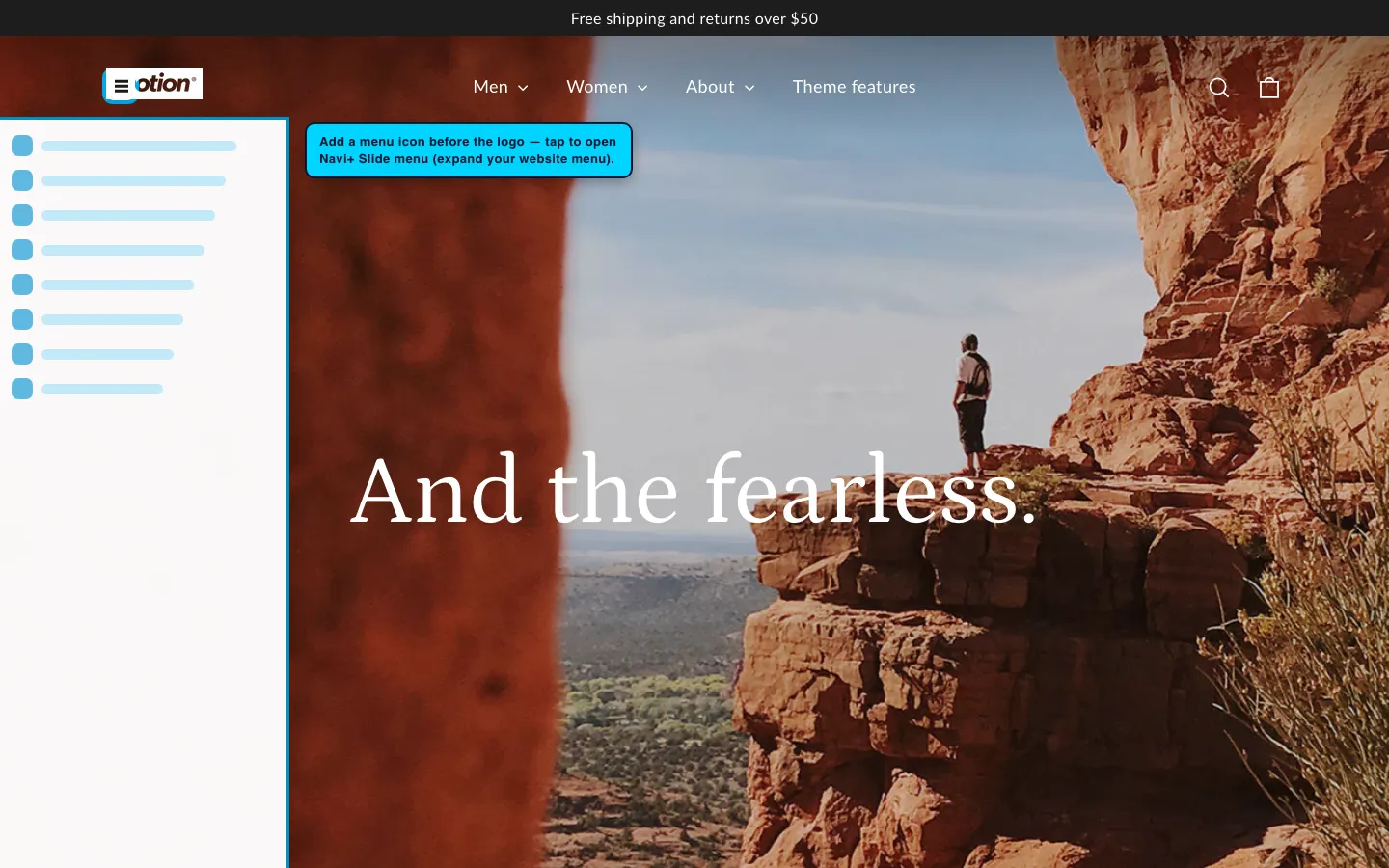 Navi+ trigger icon before the logo on the Motion Shopify theme Navi+ trigger icon before the logo on the Motion Shopify theme