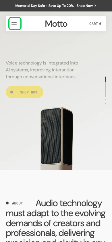 Hamburger → panel opened — Navi+ on the Motto Shopify theme