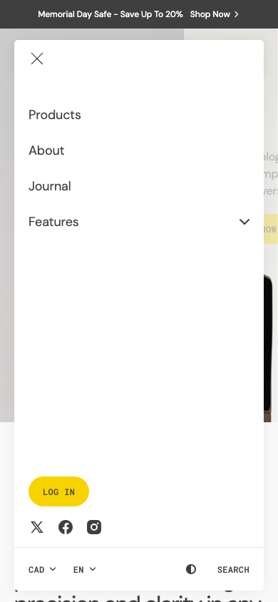 Hamburger → panel opened — Navi+ on the Motto Shopify theme