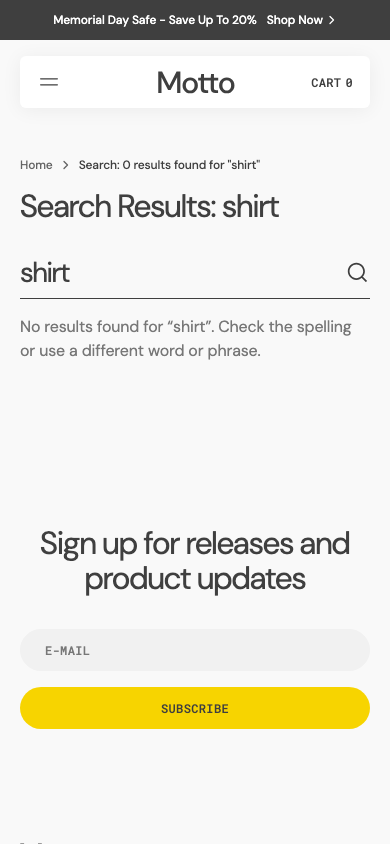 Search → panel opened — Navi+ on the Motto Shopify theme