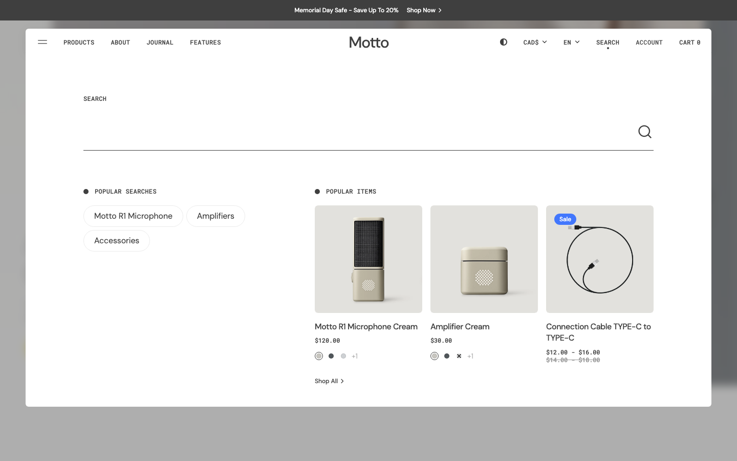 Search → panel opened — Navi+ on the Motto Shopify theme