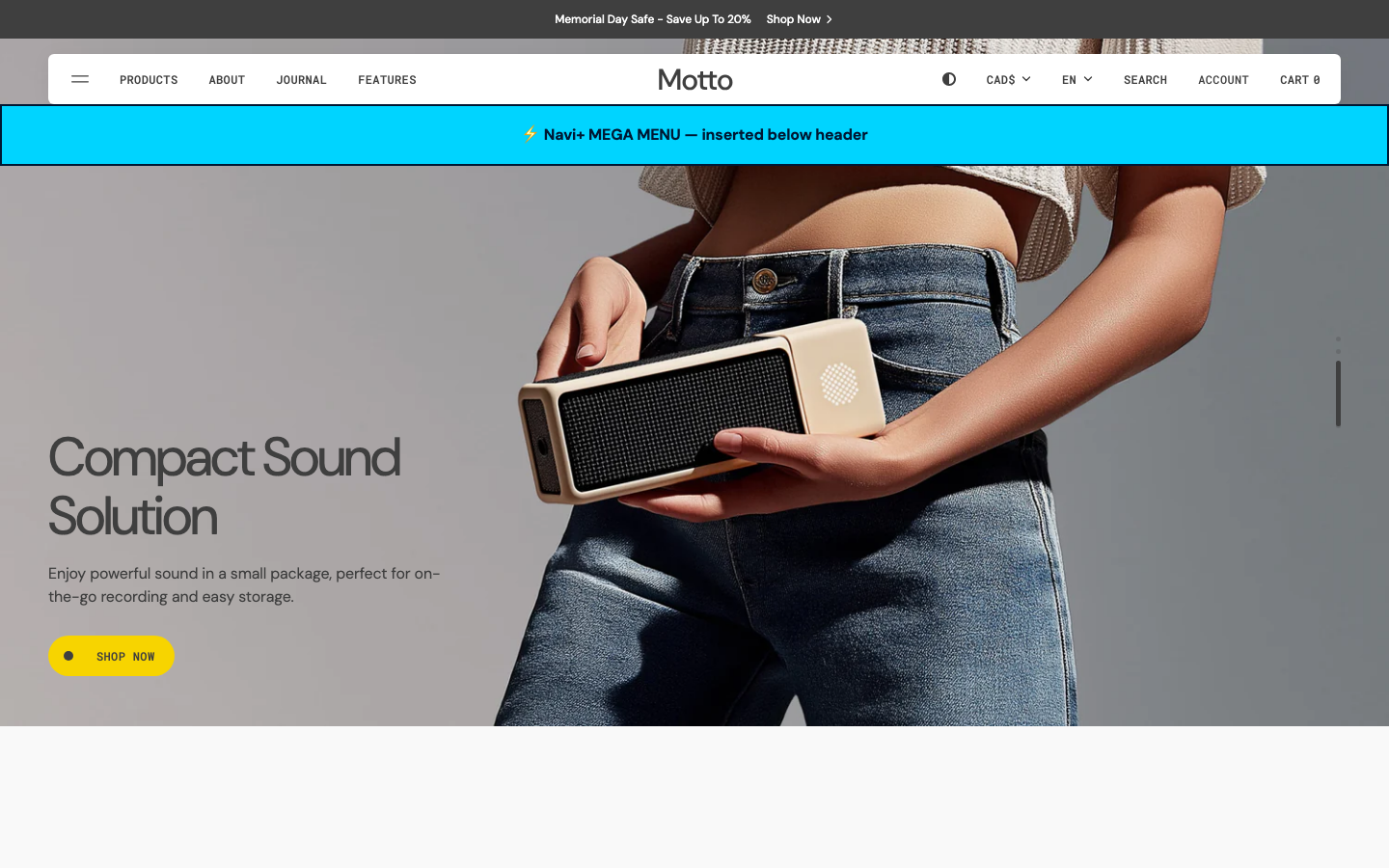 Menu inserted below header — Navi+ on the Motto Shopify theme