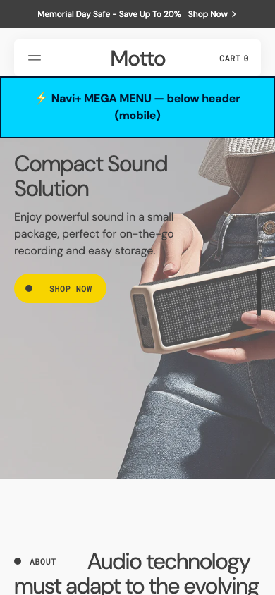 Menu inserted below header — Navi+ on the Motto Shopify theme