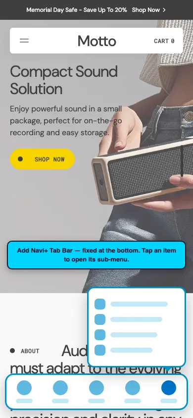 Navi+ Tab Bar on the Motto Shopify theme Navi+ Tab Bar on the Motto Shopify theme