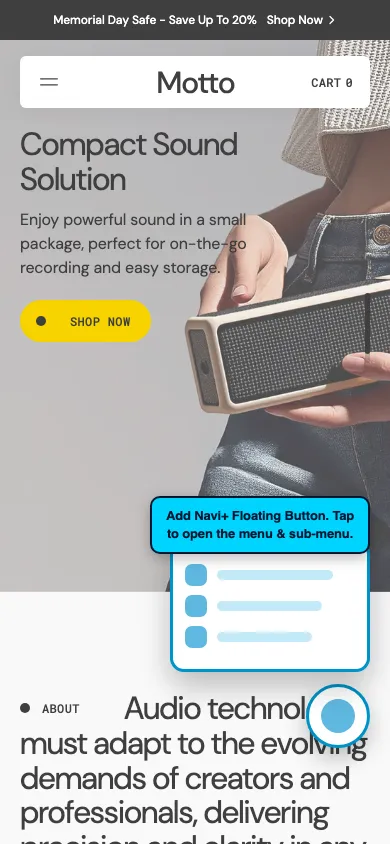 Navi+ FAB on the Motto Shopify theme Navi+ FAB on the Motto Shopify theme
